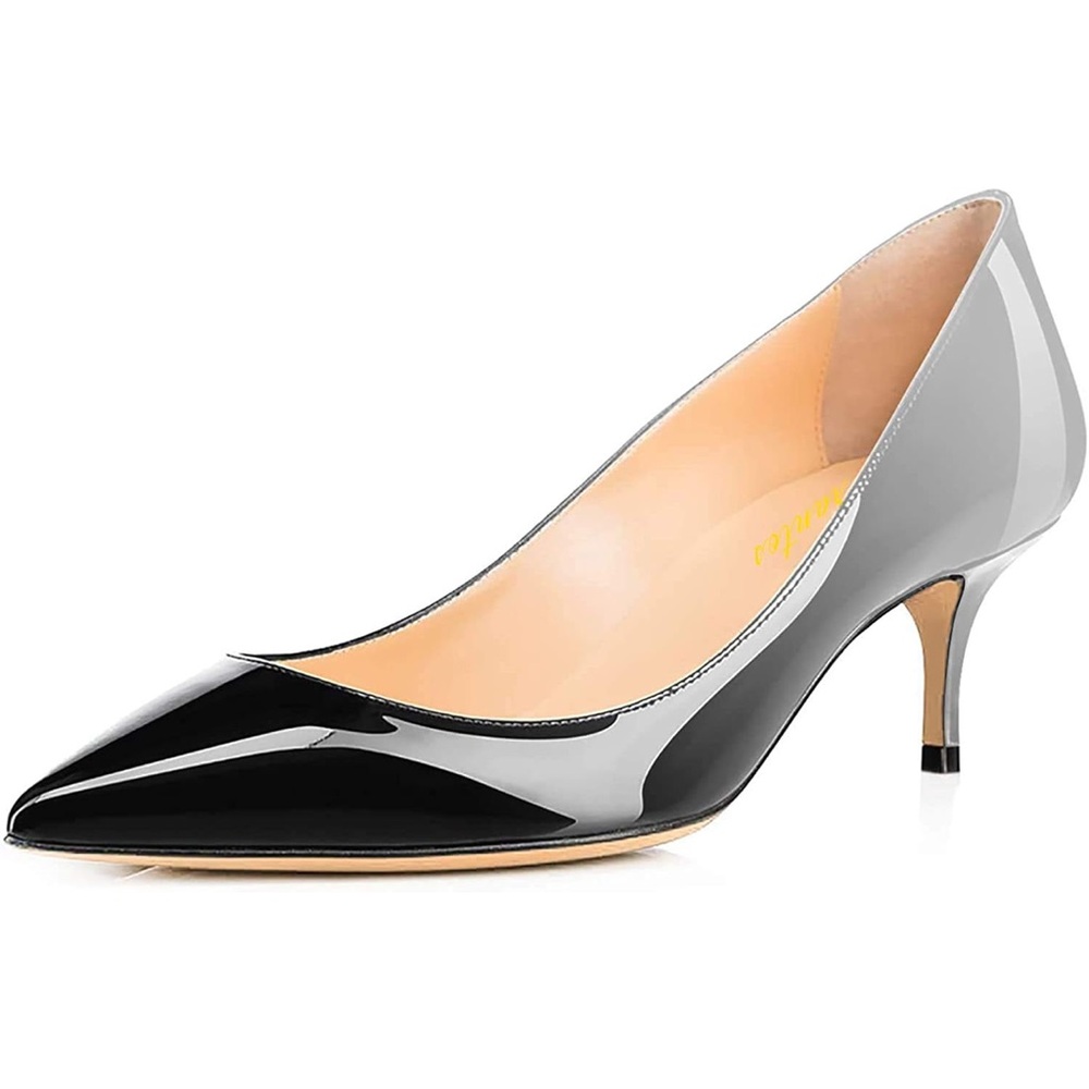 Women Fashion Pointed Toe Slip On Comfort Basic Kitten Heel Pumps. Black Gray
